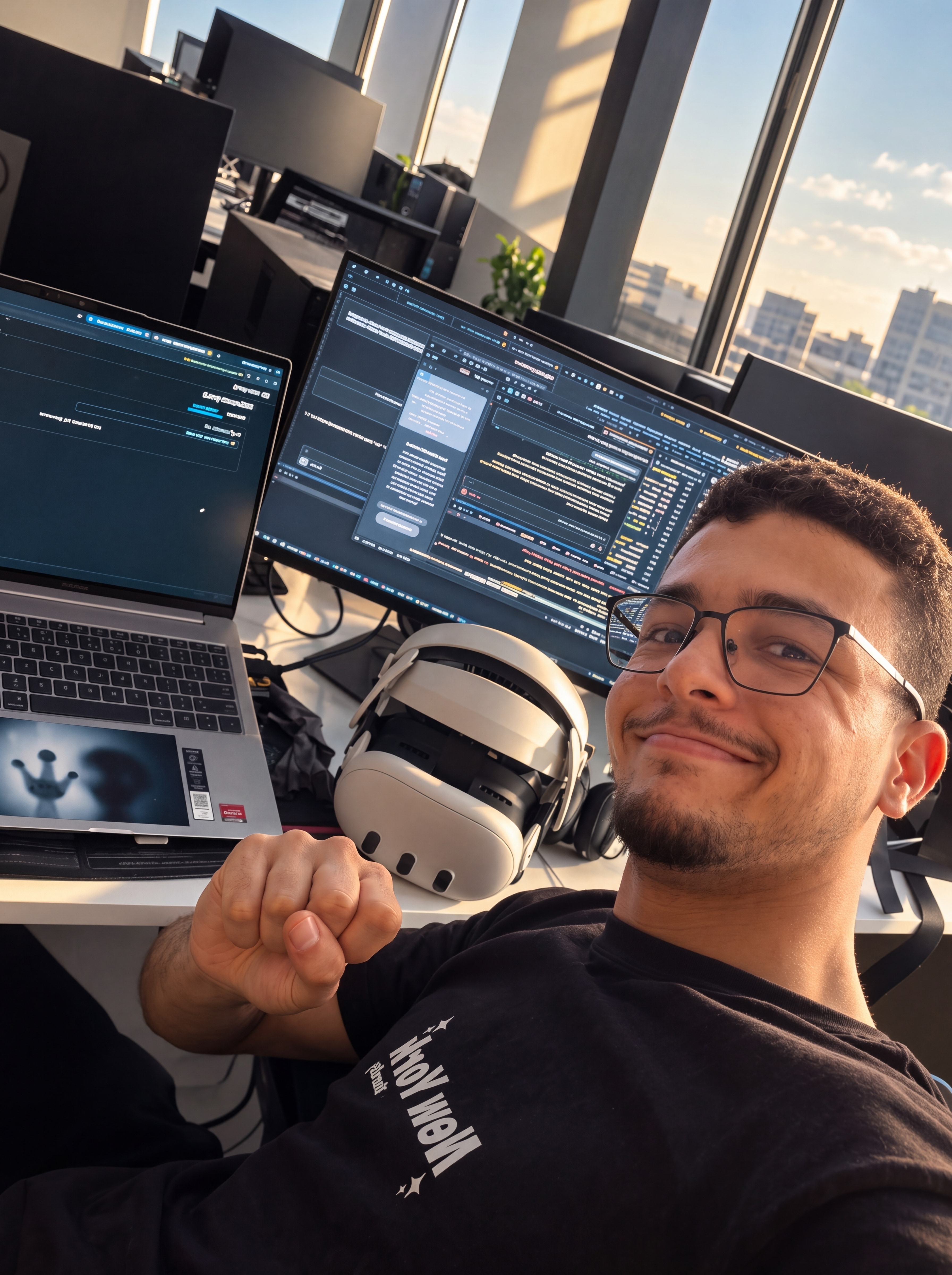 Ahmed El Otmani smiling at his desk, with a laptop and monitors behind him