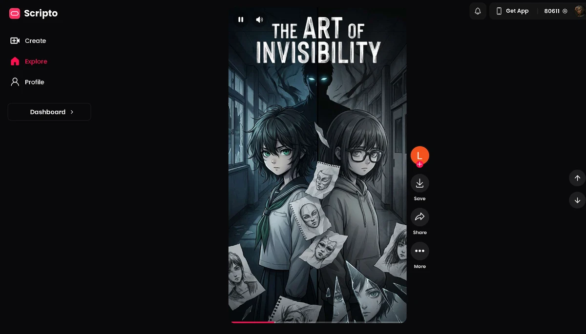 Scripto’s Explore feed: a vertical anime episode player with save, share, and follow actions.