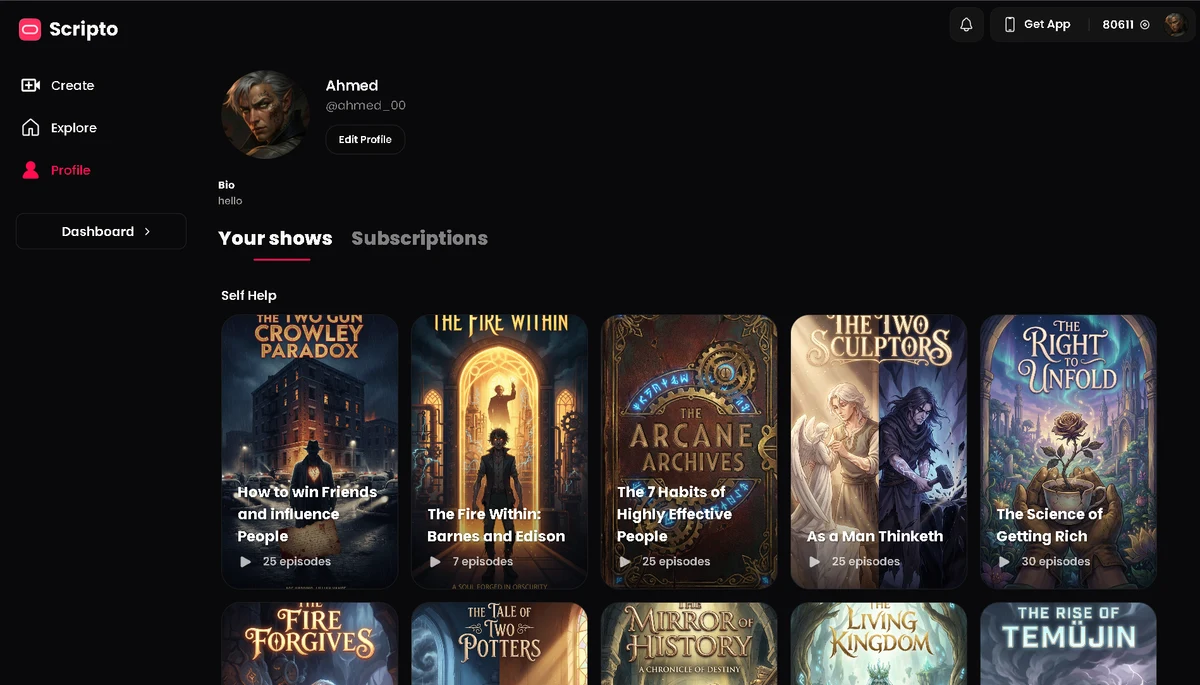 A Scripto creator profile listing shows by category, each with its episode count.