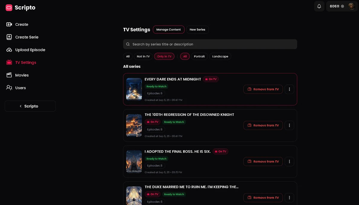 Scripto’s TV settings dashboard: series marked “On TV” and “Ready to Watch”, with controls to manage content and remove series from TV.