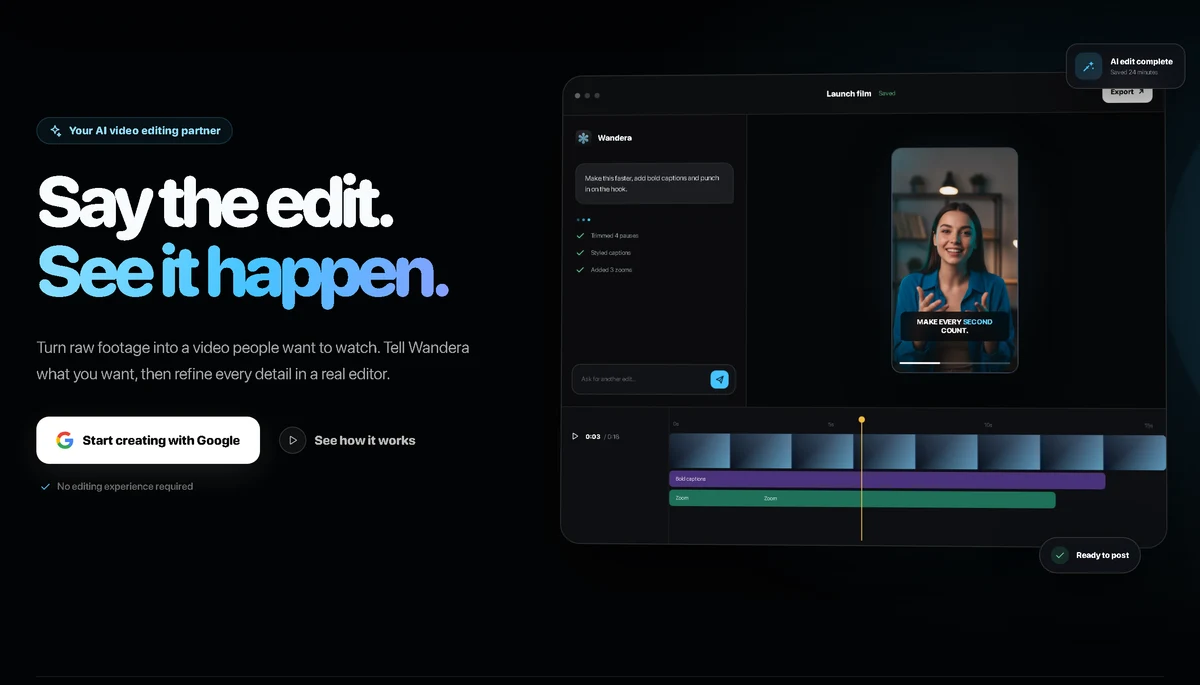 Wandera’s landing page: “Say the edit. See it happen.” beside the editor, with an AI chat panel and a layered timeline.